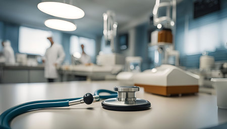 A stethoscope on a table in a hospital room, with medical personnel in the background.