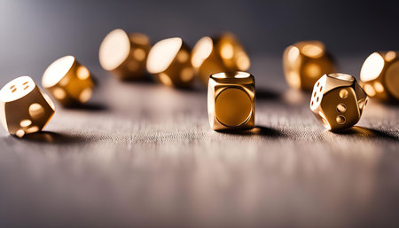 A close-up shot of multiple gold dice scattered on a wooden surface. The dice have a shiny metallic finish and cast subtle shadows on the table, creating a captivating still life image.の写真素材