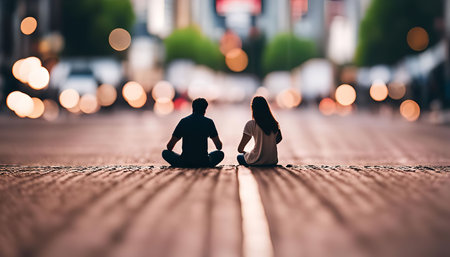 A couple sitting on a city street with blurry background lights. The couple is sitting back to back and the image is shot from a low angle, making them appear miniature.の写真素材