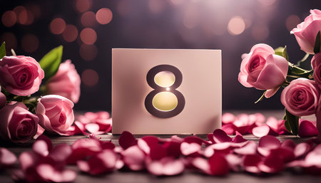 A close-up shot of a pink card with the number 8 on it, surrounded by pink roses and petals,...