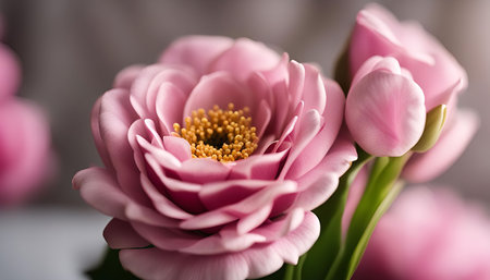 A delicate pink rose in full bloom, with another bud still closed, showing the beauty of nature.