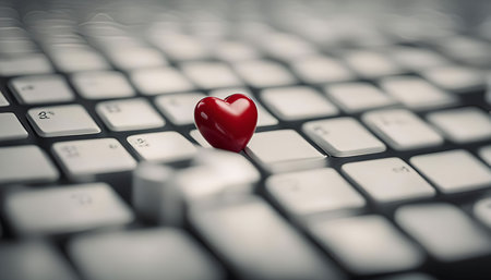 A close-up of a red heart on a keyboard, symbolizing love and connection in the digital world.