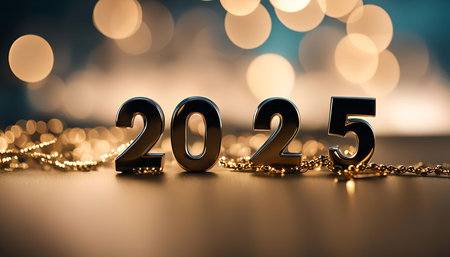 A close-up shot of the number 2025, illuminated by warm bokeh lights, suggesting a celebratory New...