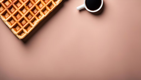 A waffle and a cup of coffee on a pink background, perfect for a simple breakfast or snackの写真素材