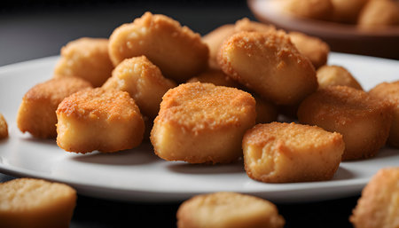 A close-up image of a plate of crispy chicken nuggets with a warm golden brown color. The nuggets...