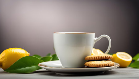 A close-up of a white teacup filled with tea, accompanied by a lemon and cookies on a saucer. The composition is elegant and simple, highlighting the warmth and comfort of tea time.の写真素材