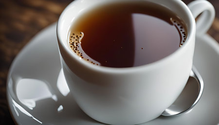 A close up of a cup of hot tea, the steam rising from the cup. The rich brown tea is surrounded by the white ceramic of the cup and saucer.の写真素材