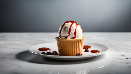 A close-up shot of a classic dessert: a scoop of vanilla ice cream in a waffle cone, decorated with fresh berries.の写真素材