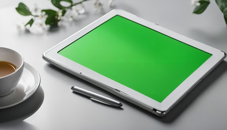 A white tablet with a green screen on a white table with a pen and a cup of coffee. The tablet is lying flat on the table, and the pen is lying next to it. The cup of coffee is in the lower left corner of the image.の写真素材
