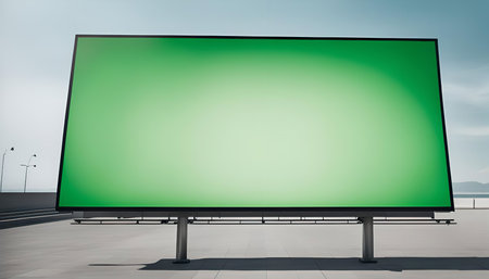 A large, blank green billboard stands on a rooftop with the city skyline in the distance. The...