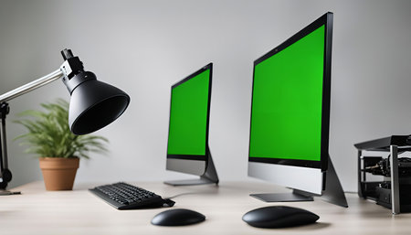 Two computer monitors with green screens on a white desk. There is a keyboard, mouse, lamp and plant in the image.の写真素材