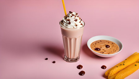 A milkshake with whipped cream and chocolate drizzle on a pink background. This delicious treat is...