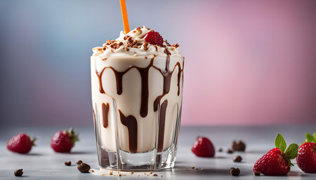 A delicious chocolate milkshake topped with whipped cream, chocolate syrup, sprinkles and a fresh strawberry.の写真素材