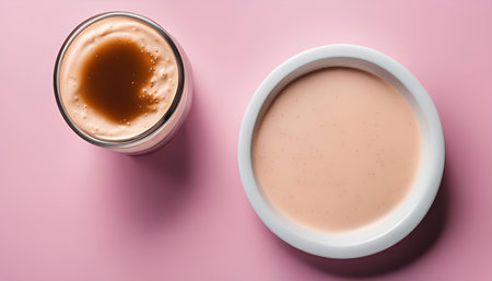 Two creamy beverages, one in a glass and one in a bowl, rest on a pink background. The top view of the image shows the simplicity of the setup, perfect for a minimalist food photography aesthetic.の写真素材