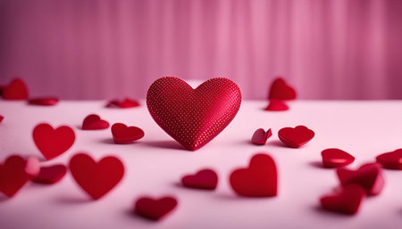 A red heart shaped ornament stands out against a soft pink background, surrounded by smaller hearts.