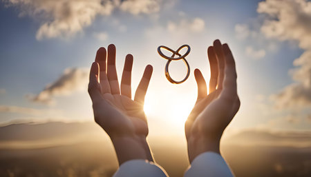Two golden wedding rings flying in the air with outstretched hands against a scenic sunset sky, symbolizing a commitment and a lifetime of love.の写真素材