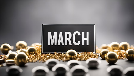 A black sign with the word 'March' written in white is surrounded by golden spheres on a gray background.の写真素材