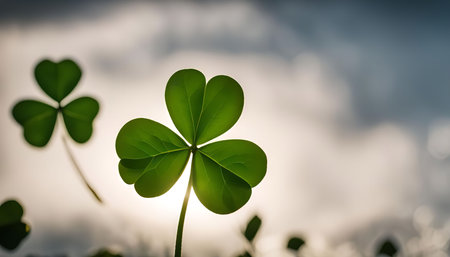 A close up shot of a shamrock leaf against a cloudy sky. The green leaf is in focus with a blurred background.の写真素材