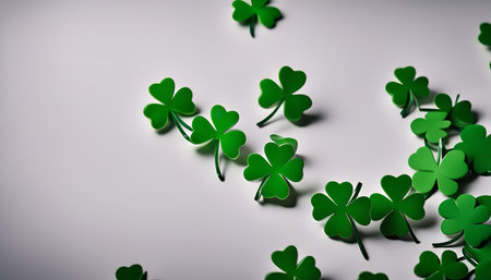 A scattering of green clover leaves arranged on a white background. The leaves are a symbol of luck...
