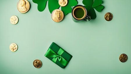 A festive St. Patrick's Day background featuring green clover leaves, gold coins, a green present,...