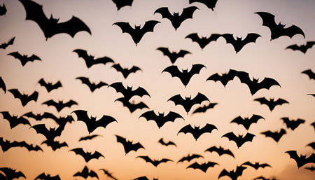 A flock of bats soaring through the twilight sky, creating a mesmerizing silhouette against the backdrop of a fading sunset. The image captures the essence of mystery and nocturnal beauty.の写真素材