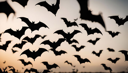 A flock of bats fly in silhouette against a vibrant sunset sky. The bats are in mid-flight, their...