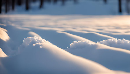 Close-up view of snowdrifts in the winter, capturing the beauty of the frozen landscape with sunlight highlighting the snow's texture.の写真素材