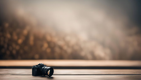 A single digital camera resting on a wooden surface with a blurry background, conveying a sense of photography and creativity.の写真素材