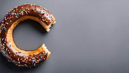 A close-up photo of a chocolate glazed donut with colorful sprinkles. The donut has a bite taken out of it.の写真素材