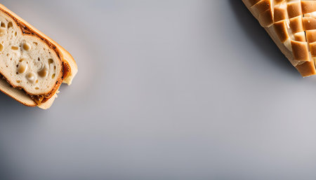 Two slices of bread with filling, one on top of the other, on a gray background. The bread looks...