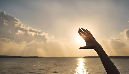 A hand reaches towards the sun as it sets over the horizon, casting a warm glow on the water below.