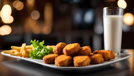 A plate with chicken nuggets, French fries, and a glass of milk. It is a delicious and quick meal.の写真素材