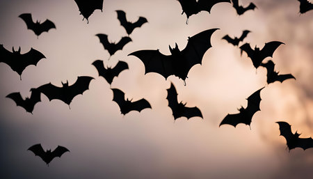 Silhouettes of bats flying against a beautiful sunset sky.