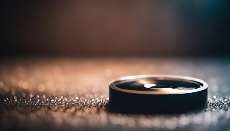Close-up of a camera lens on a sparkly, dark surface.の写真素材