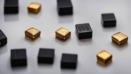 A collection of gold and black cubes, arranged on a white surface, creating a striking visual contrast and minimalist aesthetic.の写真素材