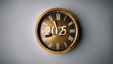A golden clock with Roman numerals displaying 2025. The clock is on a gray background with a golden...