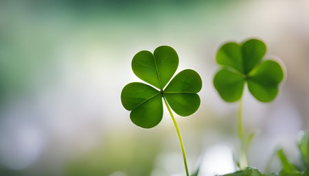 A close-up shot of a four-leaf clover, a symbol of luck and prosperity. The clover is green and...
