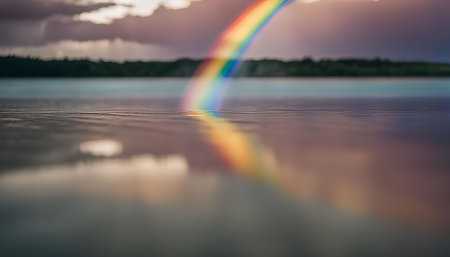 A close-up shot of a rainbow reflecting in calm water with soft focus and a pastel color palette.