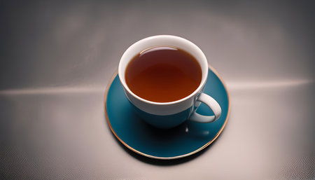 A close-up of a steaming cup of tea on a blue saucer, set on a gray background.の写真素材