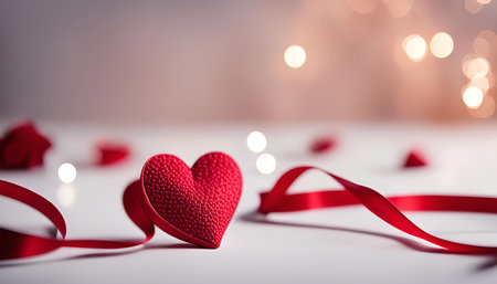 A red heart with a ribbon on a white background, with a bokeh effect of warm lights in the...