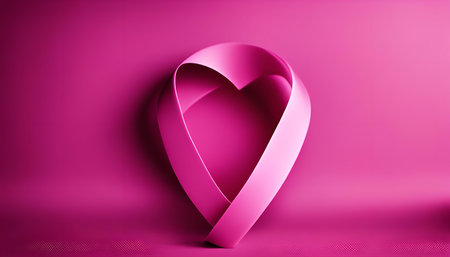 A pink ribbon shaped into a heart against a solid pink background.