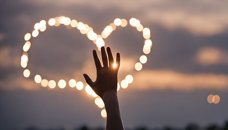 A silhouette of a hand reaching towards a heart-shaped light bokeh in the sky, symbolizing love, hope, and dreams.の写真素材