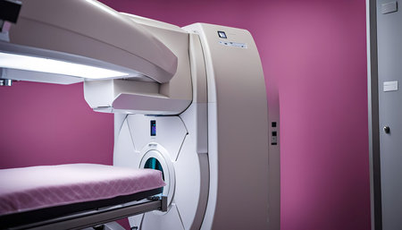 A modern medical scanner in a hospital room. The white machine with pink accents stands against a...