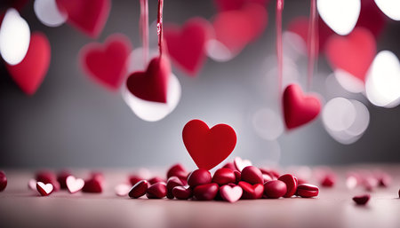 A pile of heart-shaped candies with red hearts hanging above them. This is a cute and romantic image...
