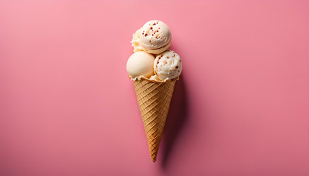 A single ice cream cone with three scoops of vanilla ice cream with chocolate chips on a pink...