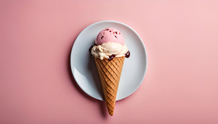 A single ice cream cone with two scoops of ice cream, one strawberry and one vanilla, is placed on a white plate against a pink background. The cone is drizzled with chocolate syrup.の写真素材