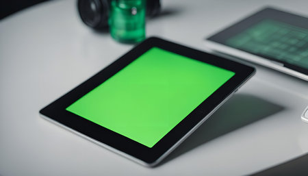 A close-up view of a tablet with a green screen on a white table.の写真素材