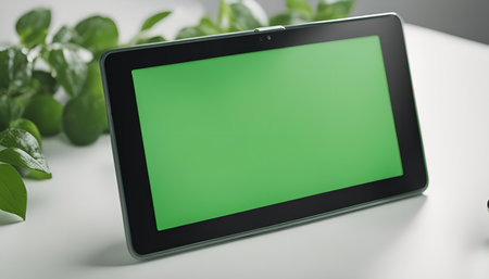 A close-up of a tablet with a green screen on a white desk, with green leaves in the background. The tablet is positioned at an angle, showing its screen perfectly. The image is well-lit, with a neutral background for a clean aesthetic.の写真素材