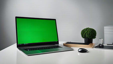 A laptop with a green screen sits on a white desk with a mouse and a potted plant in the background....