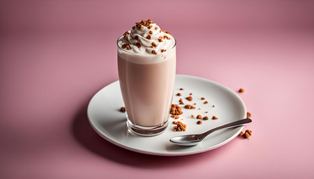 A close-up photo of a glass of coffee topped with whipped cream and cookie crumbs, on a white plate...